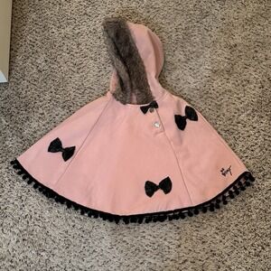 Betsey Johnson Pink Hooded Cape Coat Faux Fur Trim Pom Pom Hem Black Bow Girls 6